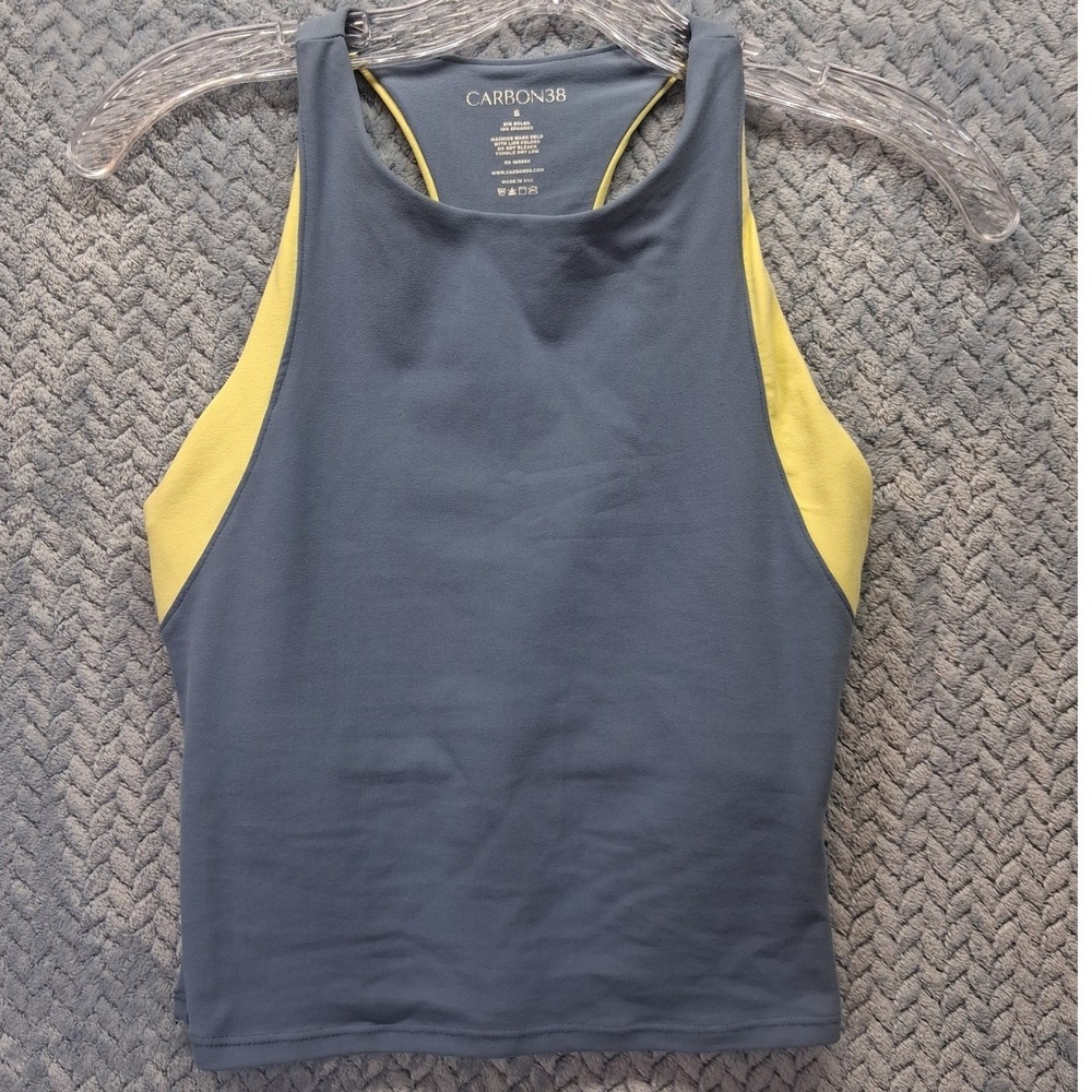 Carbon38 Blue Yellow Colorblock Racerback Tank Top Built-in Bra Small Yoga Gym